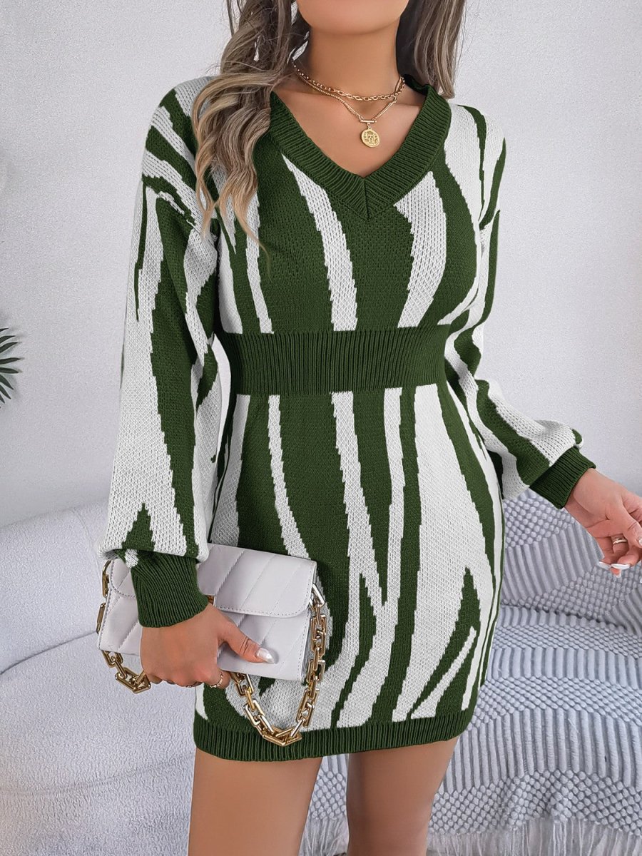 Animal Print V - Neck Long Sleeve Sweater Dress - Sweater Dress