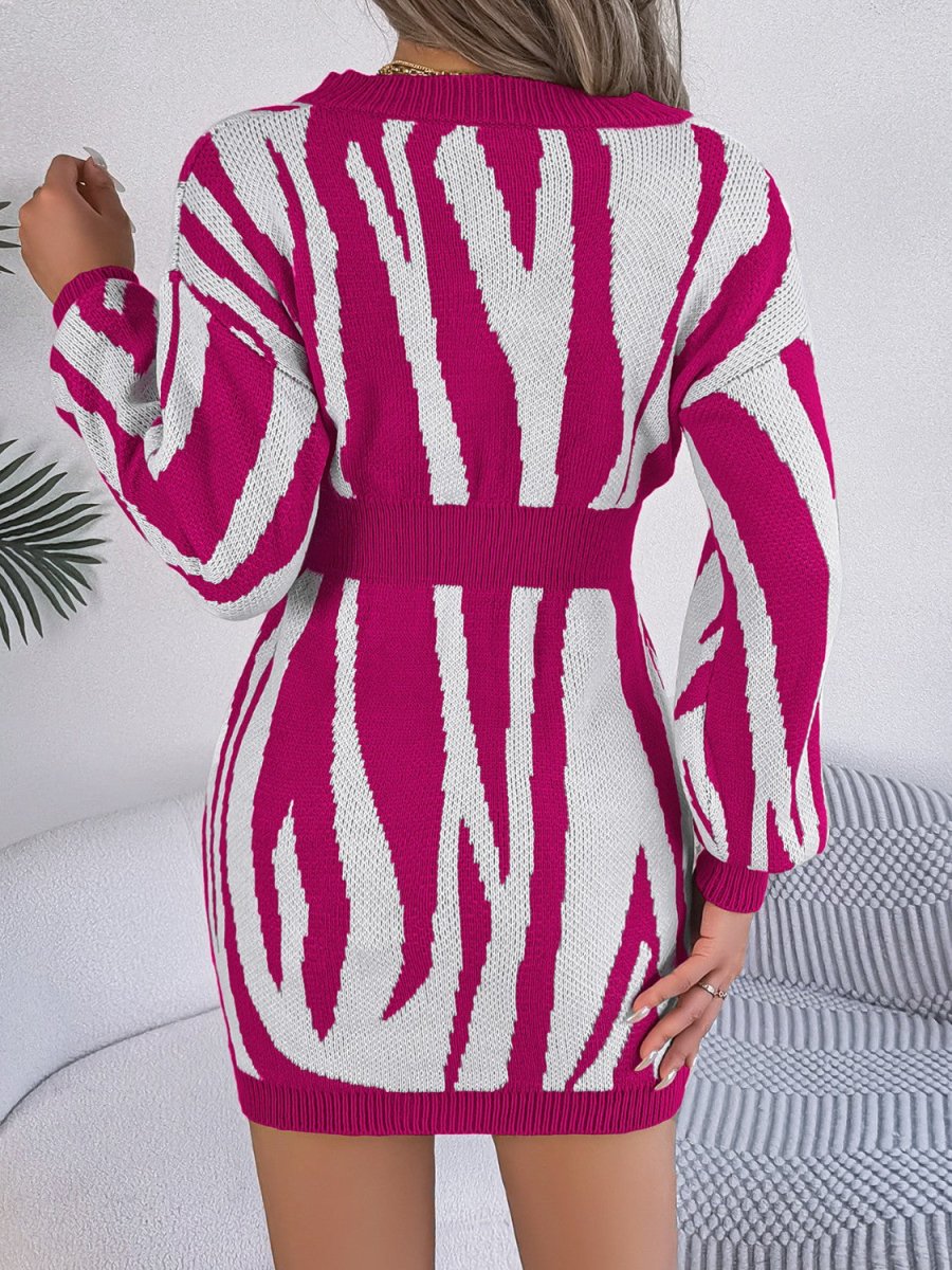 Animal Print V - Neck Long Sleeve Sweater Dress - Sweater Dress
