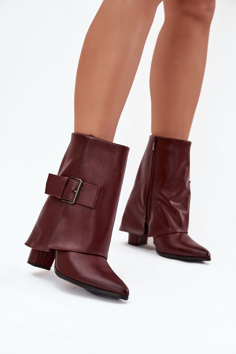 Ankle Boots with Folded Shaft and Buckle - 