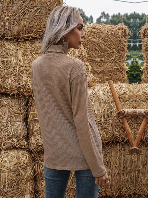 Asymmetric split turtleneck bottoming loose knitted sweater - Outerwear