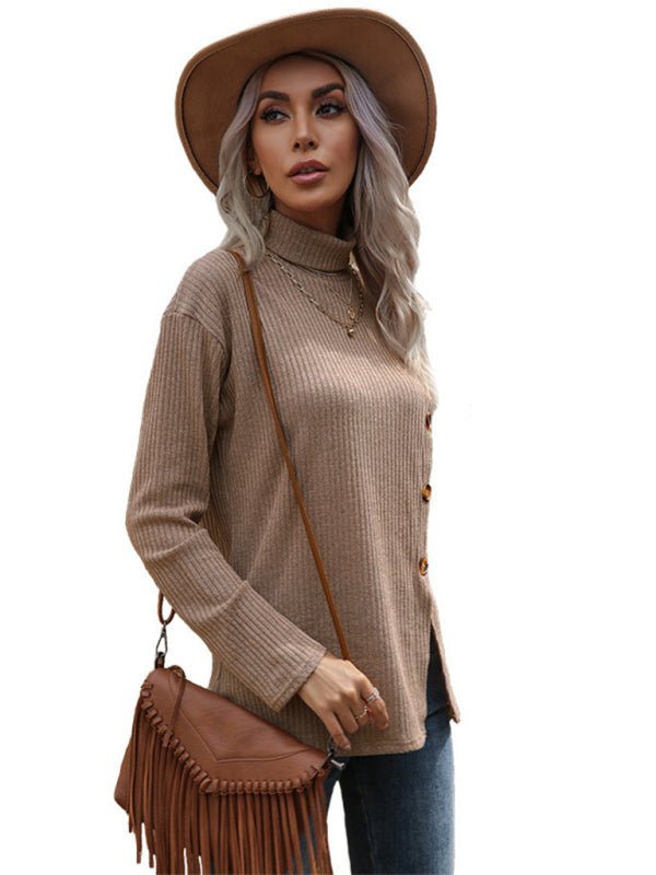 Asymmetric split turtleneck bottoming loose knitted sweater - Outerwear