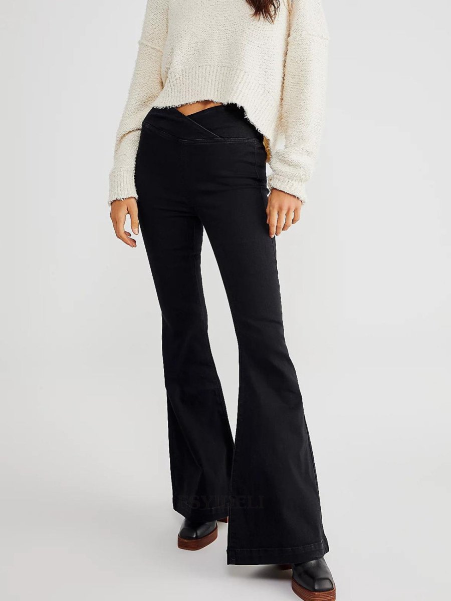 Asymmetric Waist Flare Jeans - Bottoms
