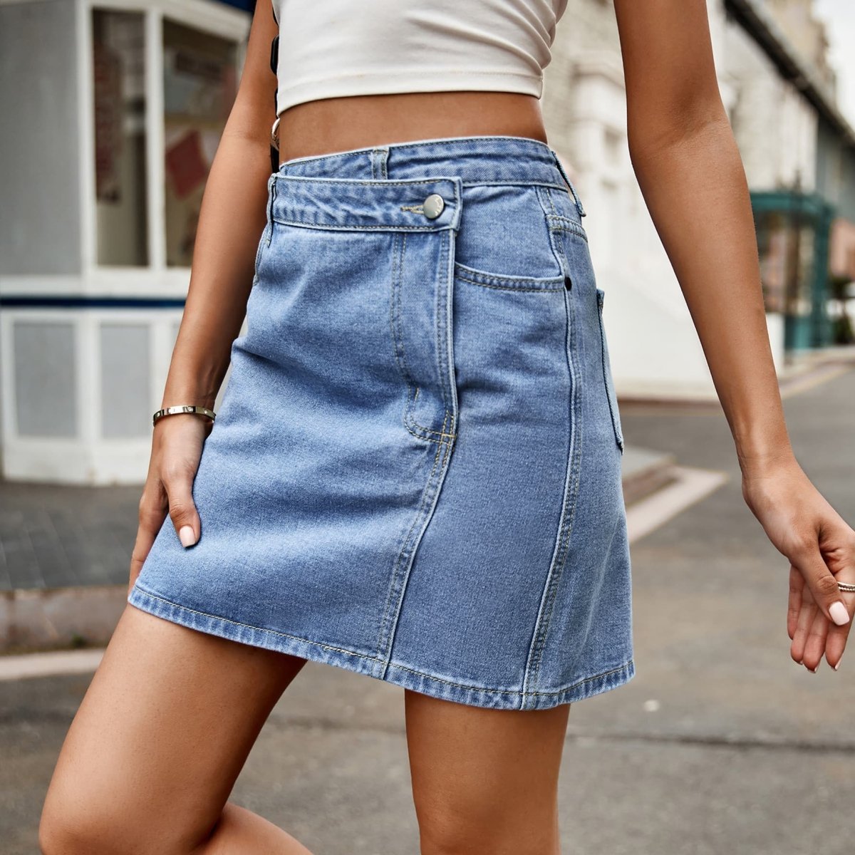 Asymmetrical Denim Mini Skirt - Bottoms