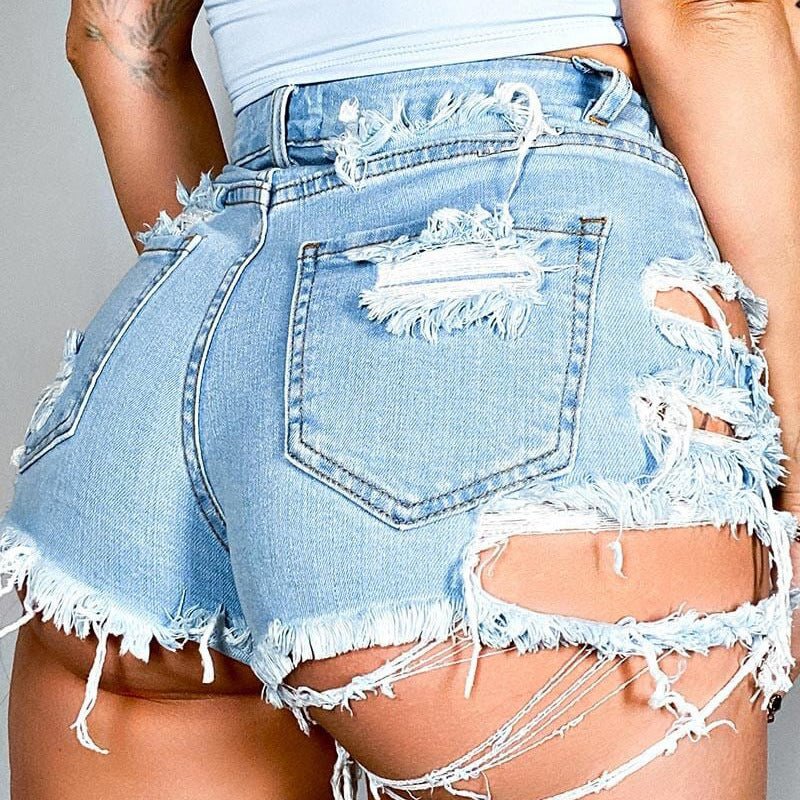 Asymmetrical Distressed Denim Shorts - Bottoms