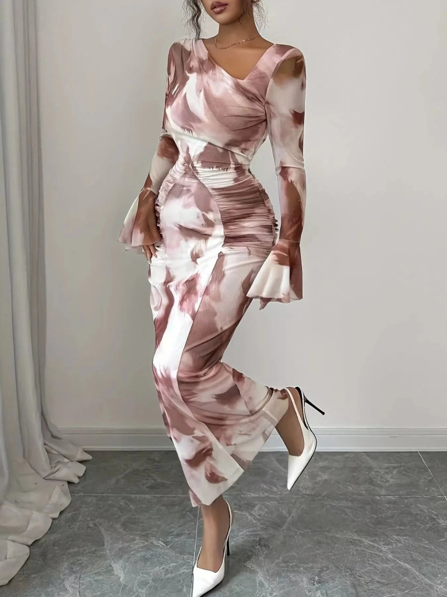 Asymmetrical Neck Long Sleeve Maxi Dress - 