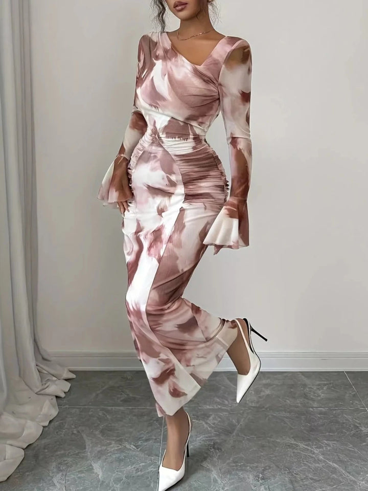 Asymmetrical Neck Long Sleeve Maxi Dress - 