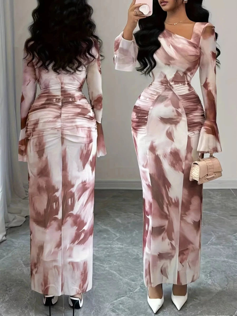 Asymmetrical Neck Long Sleeve Maxi Dress - 