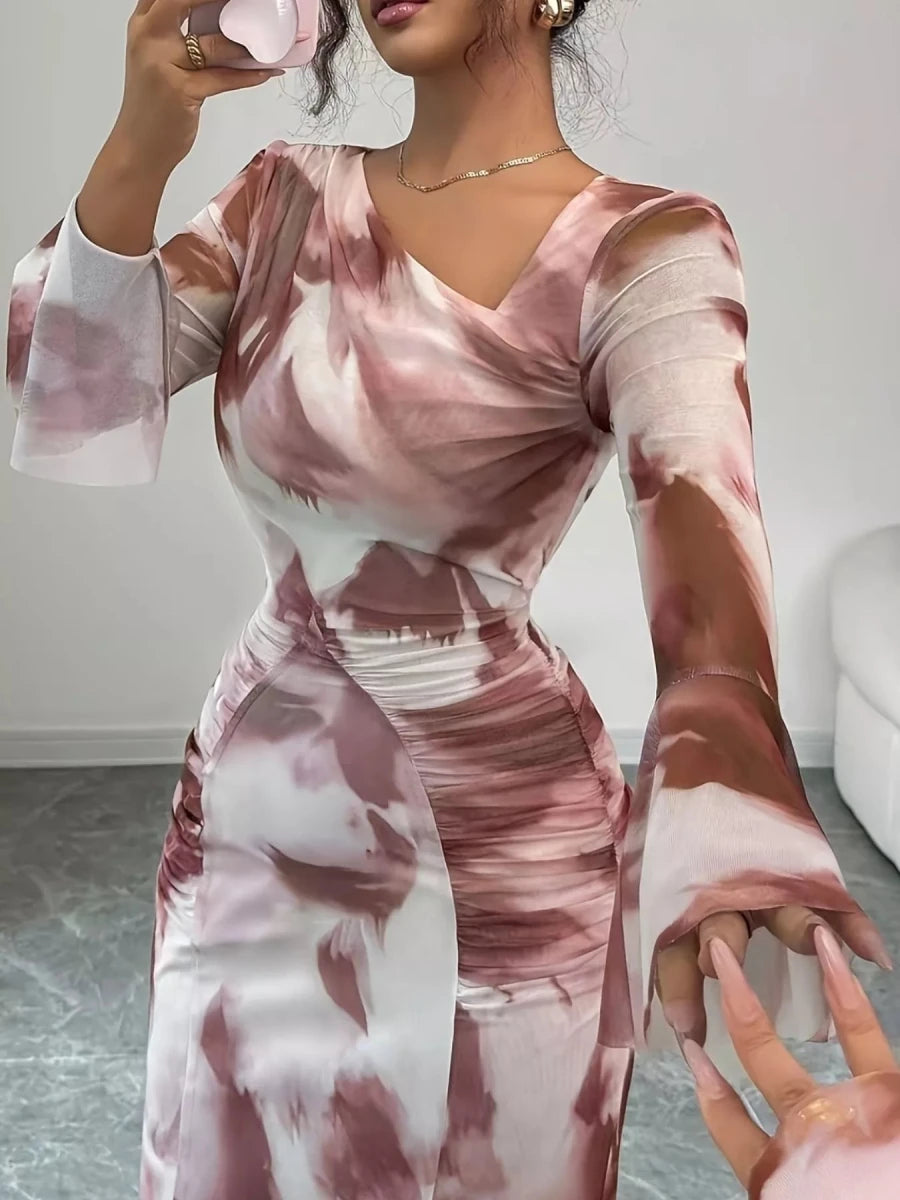 Asymmetrical Neck Long Sleeve Maxi Dress - 