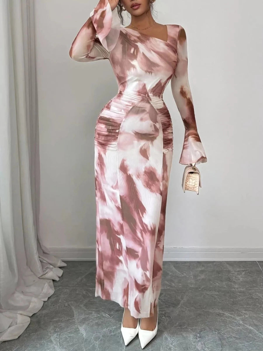 Asymmetrical Neck Long Sleeve Maxi Dress - 
