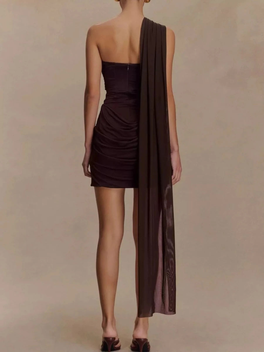 Asymmetrical One - Shoulder Ruched Mini Dress - 