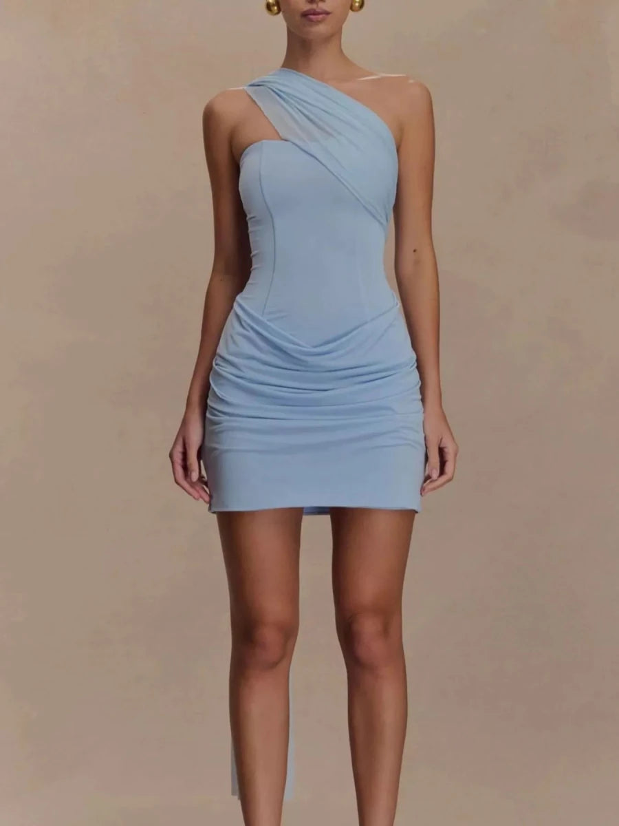 Asymmetrical One - Shoulder Ruched Mini Dress - 