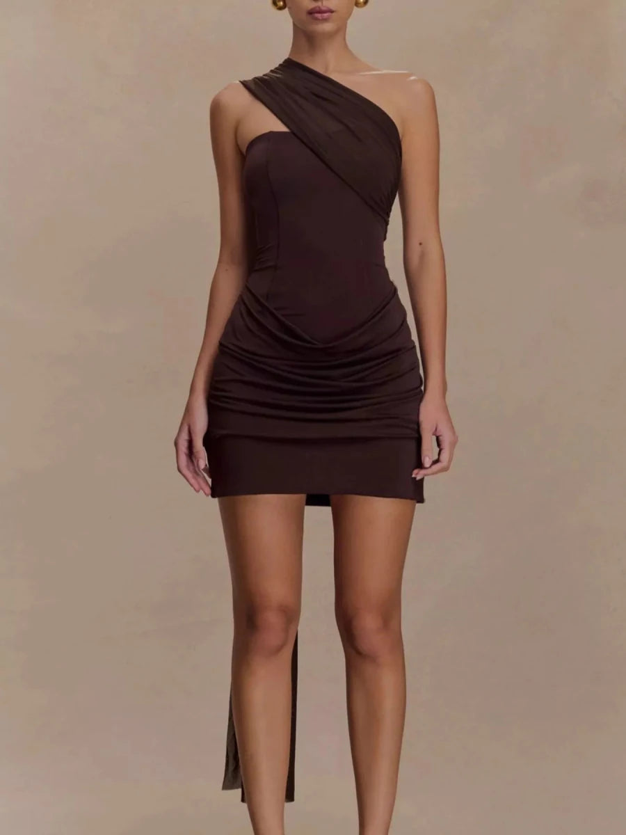 Asymmetrical One - Shoulder Ruched Mini Dress - 