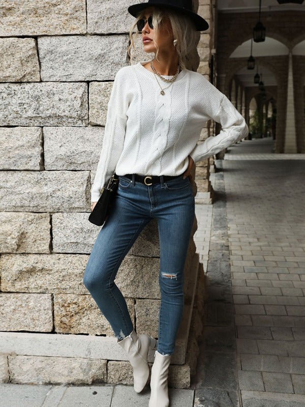 Autumn and winter women's twist long sleeve white sweater - Outerwear