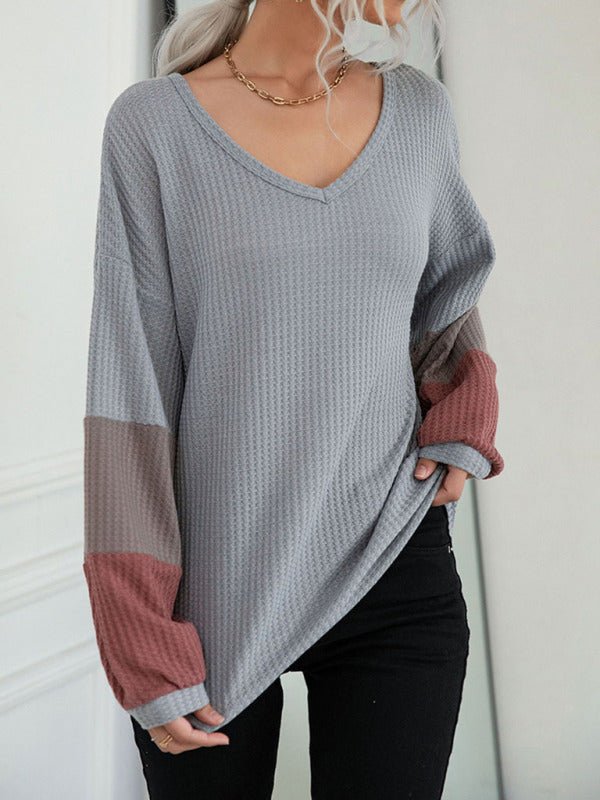 Autumn Colorblock Long Sleeve Grey V - Neck Knit Sweater - Outerwear