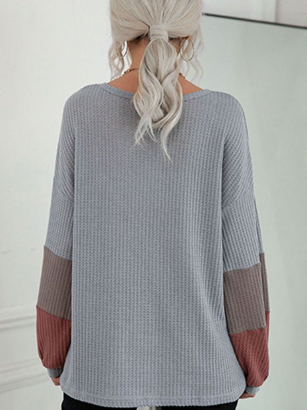 Autumn Colorblock Long Sleeve Grey V - Neck Knit Sweater - Outerwear
