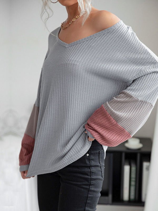 Autumn Colorblock Long Sleeve Grey V - Neck Knit Sweater - Outerwear