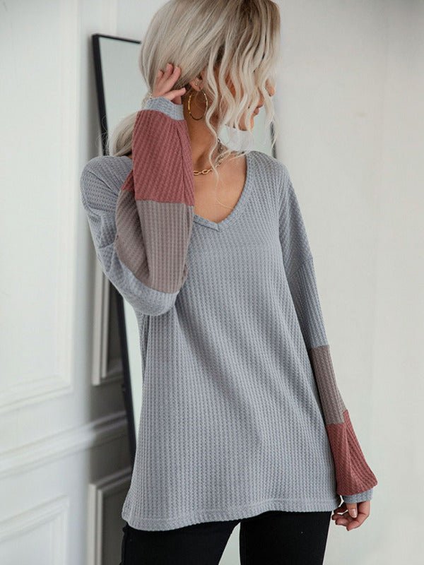 Autumn Colorblock Long Sleeve Grey V - Neck Knit Sweater - Outerwear