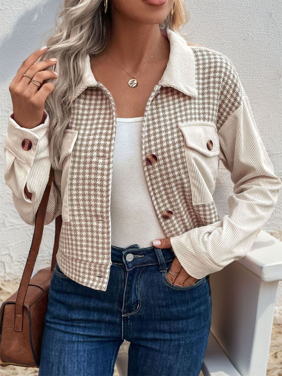 Perfee Pocketed Houndstooth Long Sleeve Jacket