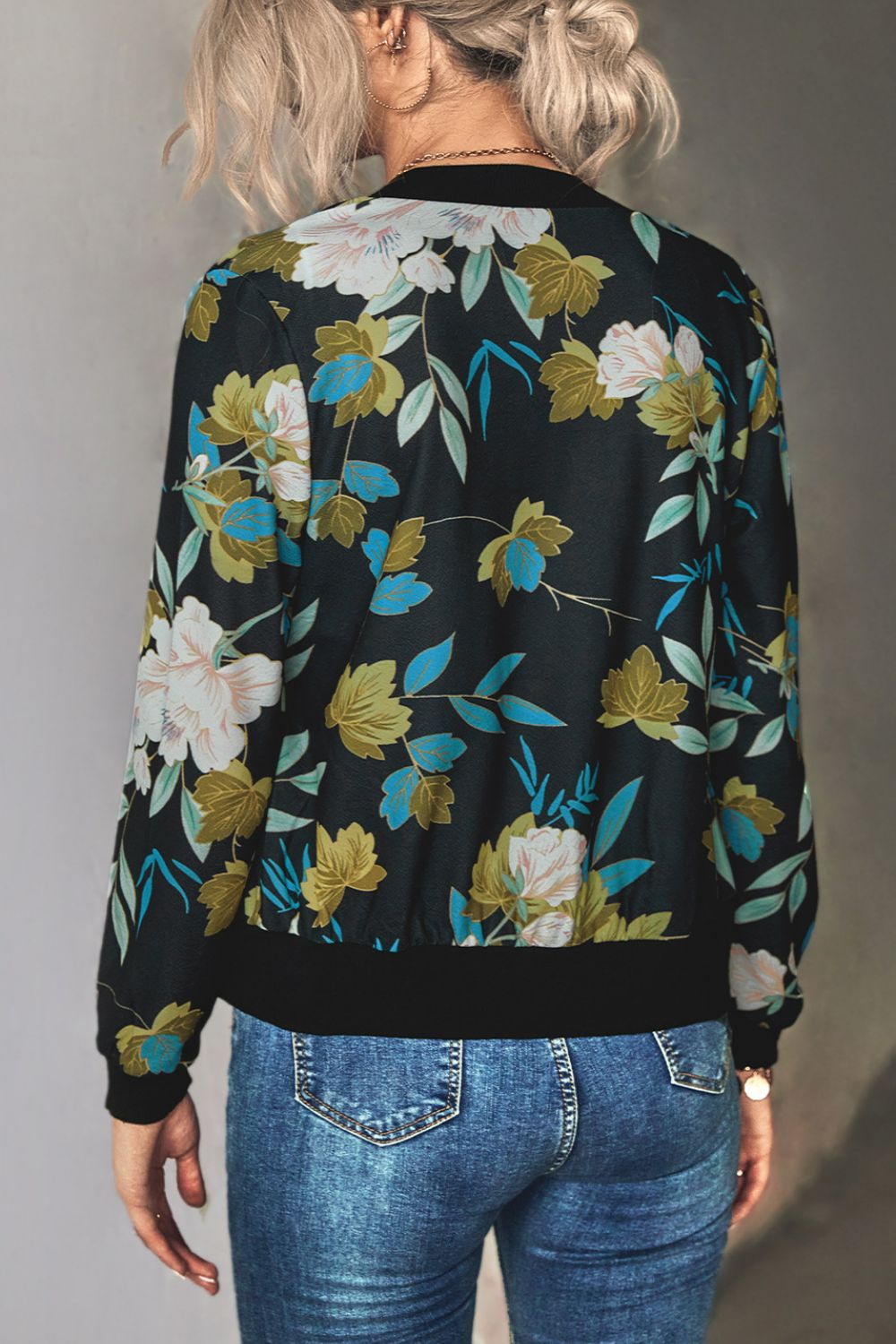 Floral Zip Up Ribbed Trim Bomber Jacket