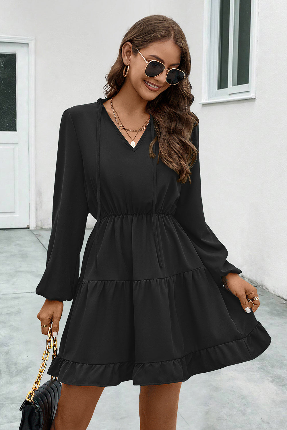 v-neck tie neck long sleeve dress