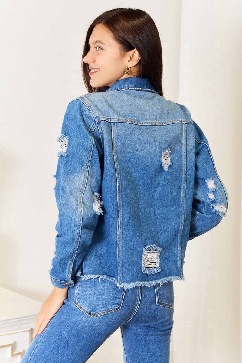 Baeful Leopard Floral Distressed Raw Hem Denim Jacket - Outerwear