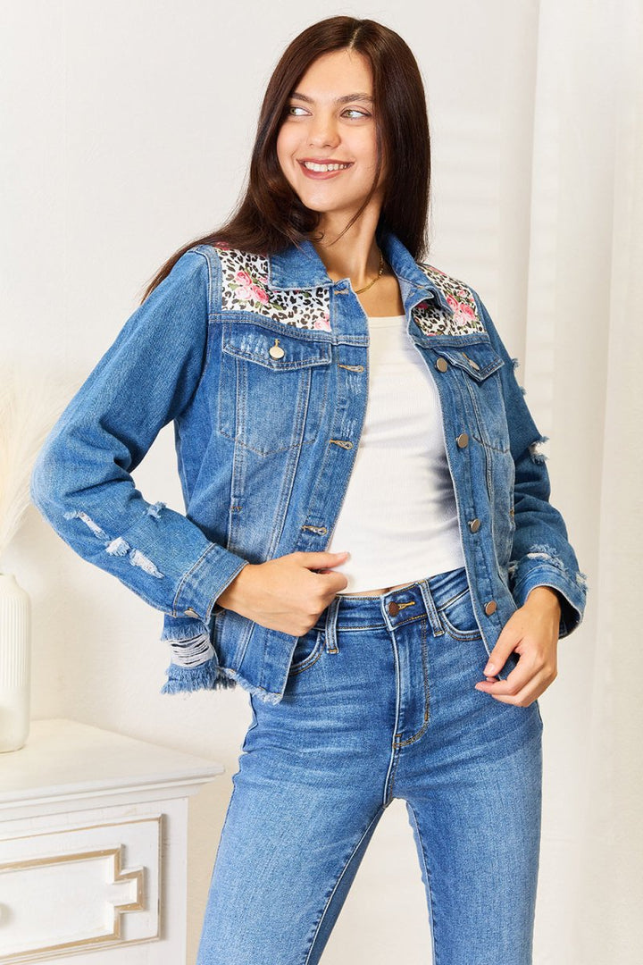 Baeful Leopard Floral Distressed Raw Hem Denim Jacket - Outerwear