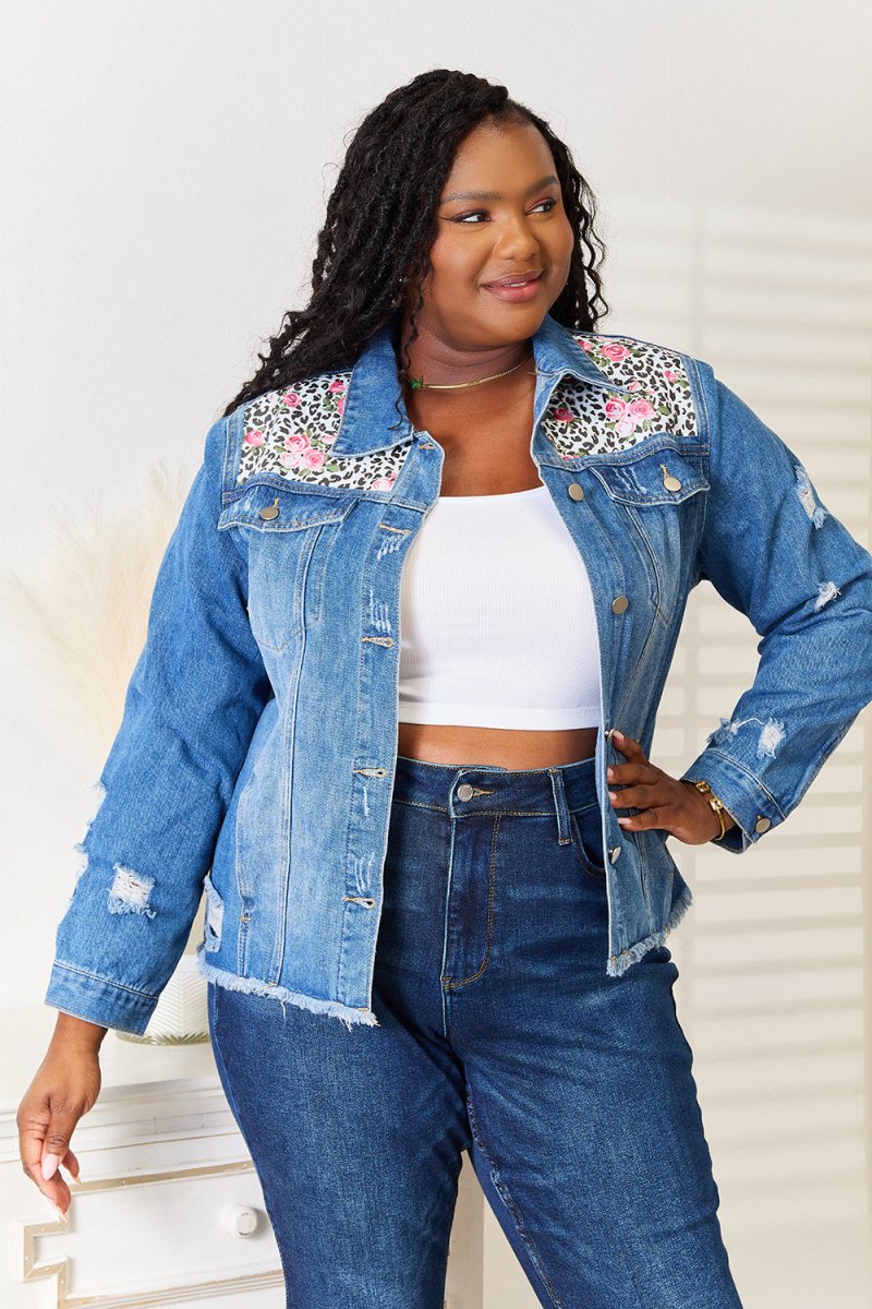 Baeful Leopard Floral Distressed Raw Hem Denim Jacket - Outerwear