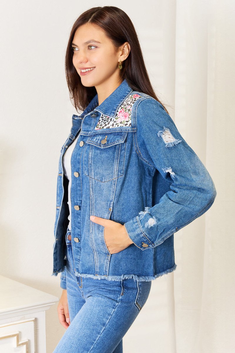Baeful Leopard Floral Distressed Raw Hem Denim Jacket - Outerwear