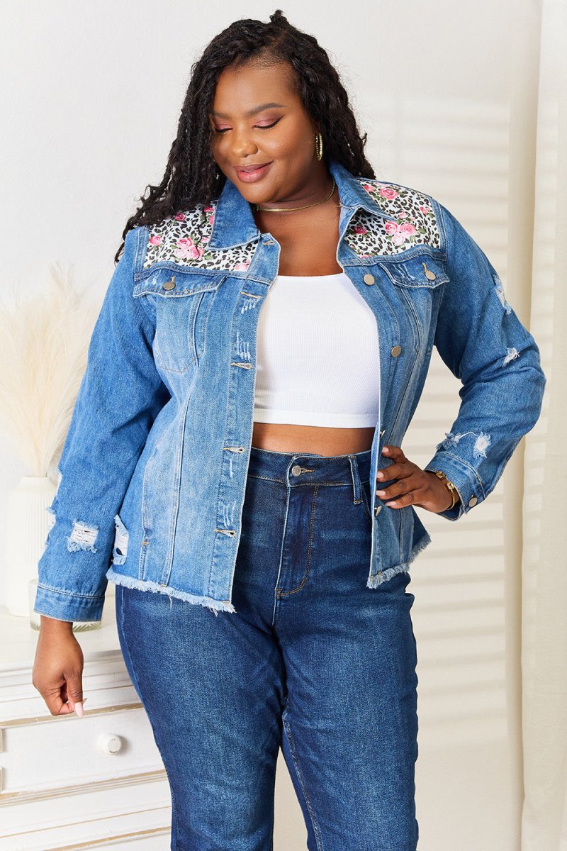 Baeful Leopard Floral Distressed Raw Hem Denim Jacket - Outerwear