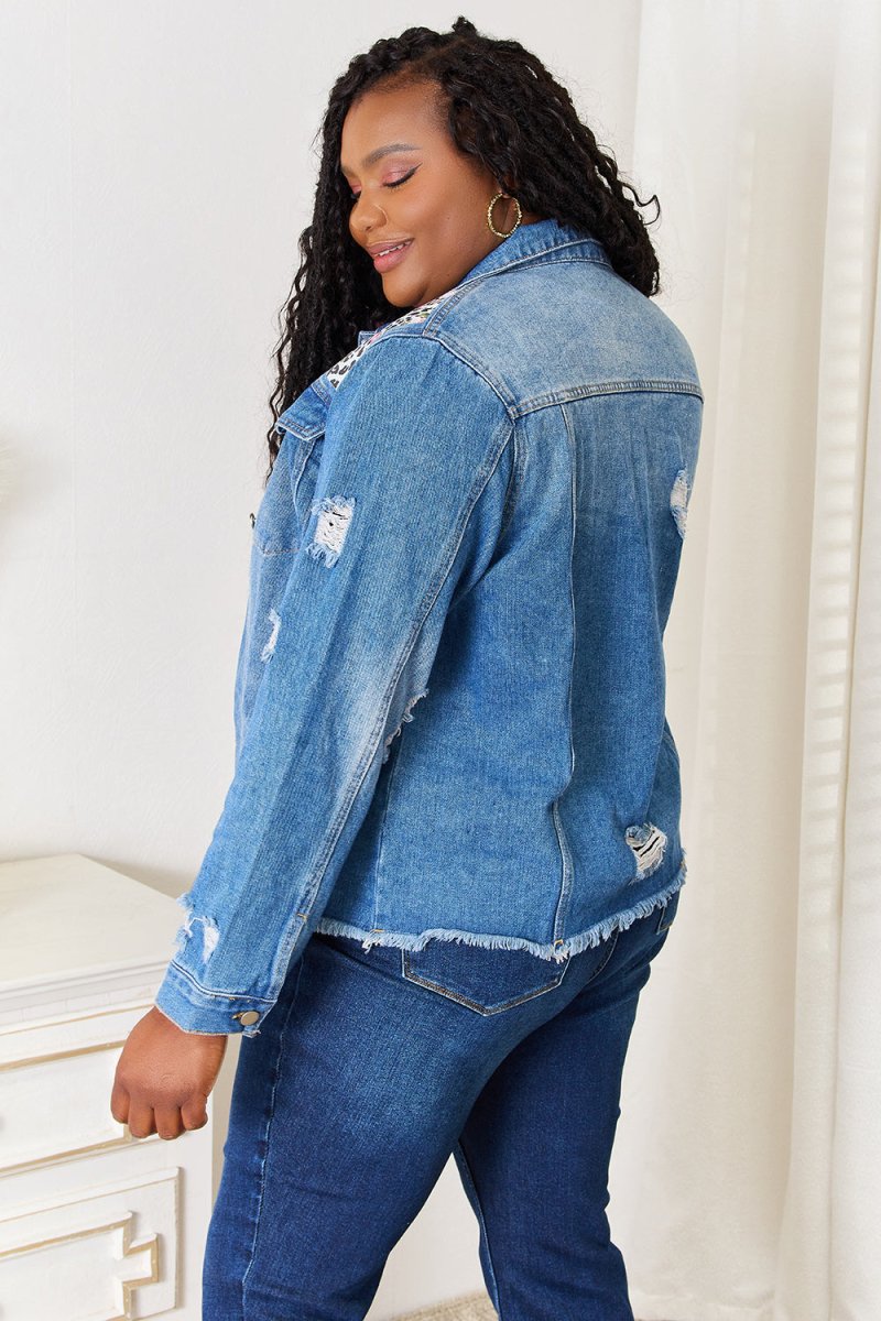 Baeful Leopard Floral Distressed Raw Hem Denim Jacket - Outerwear