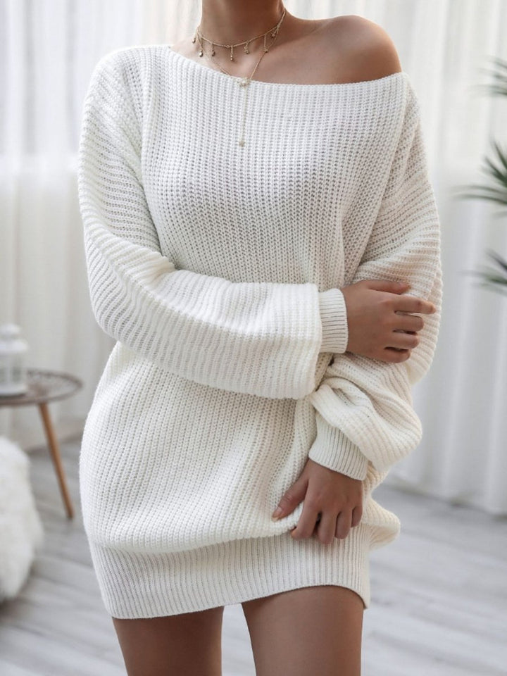 Balloon Sleeve Boat Neck Sweater Mini Dress - Sweater Dress