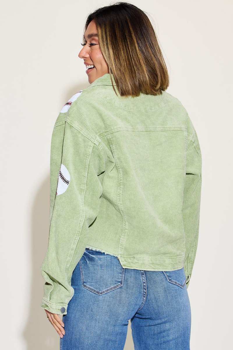 Baseball Sequin Dropped Shoulder Raw Hem Jacket - Outerwear