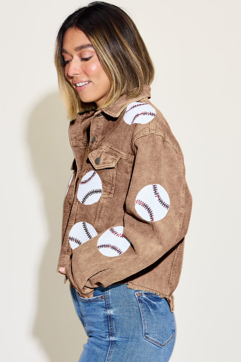 Baseball Sequin Dropped Shoulder Raw Hem Jacket - Outerwear
