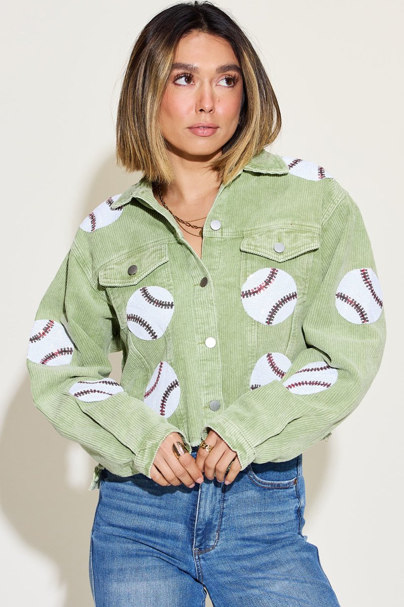 Baseball Sequin Dropped Shoulder Raw Hem Jacket - Outerwear