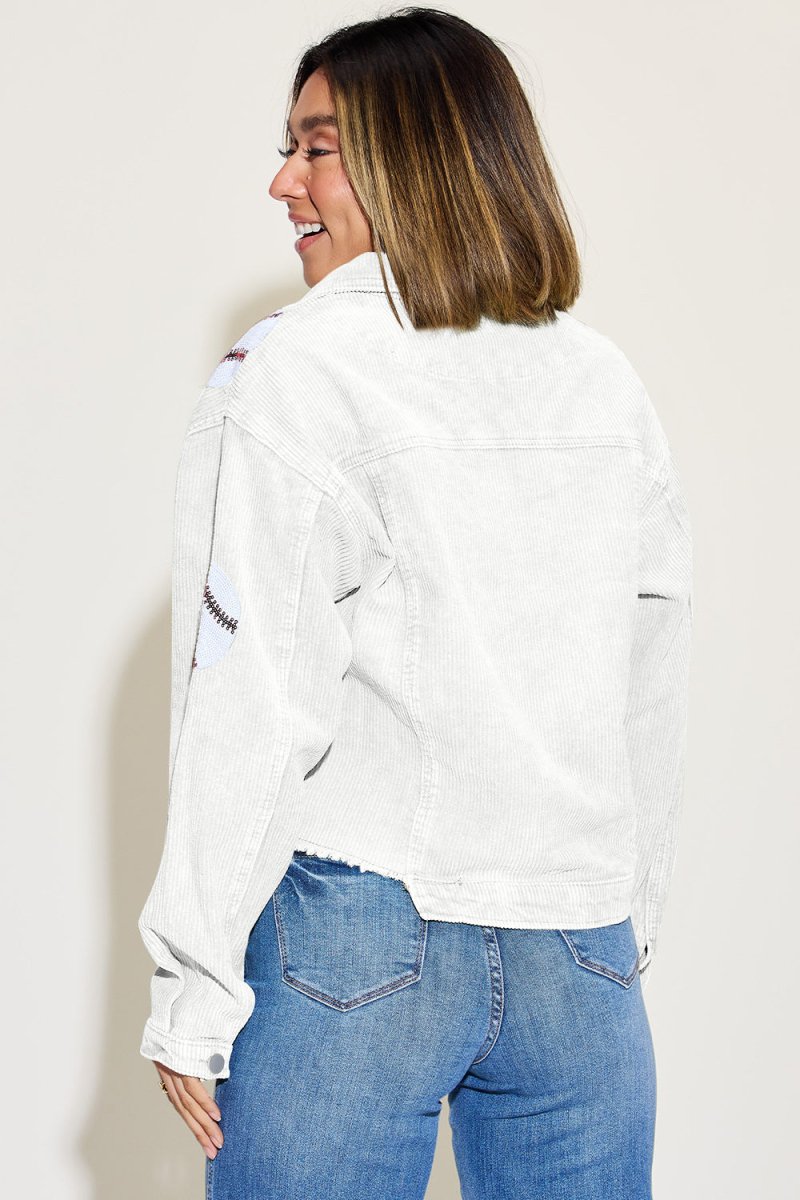 Baseball Sequin Dropped Shoulder Raw Hem Jacket - Outerwear