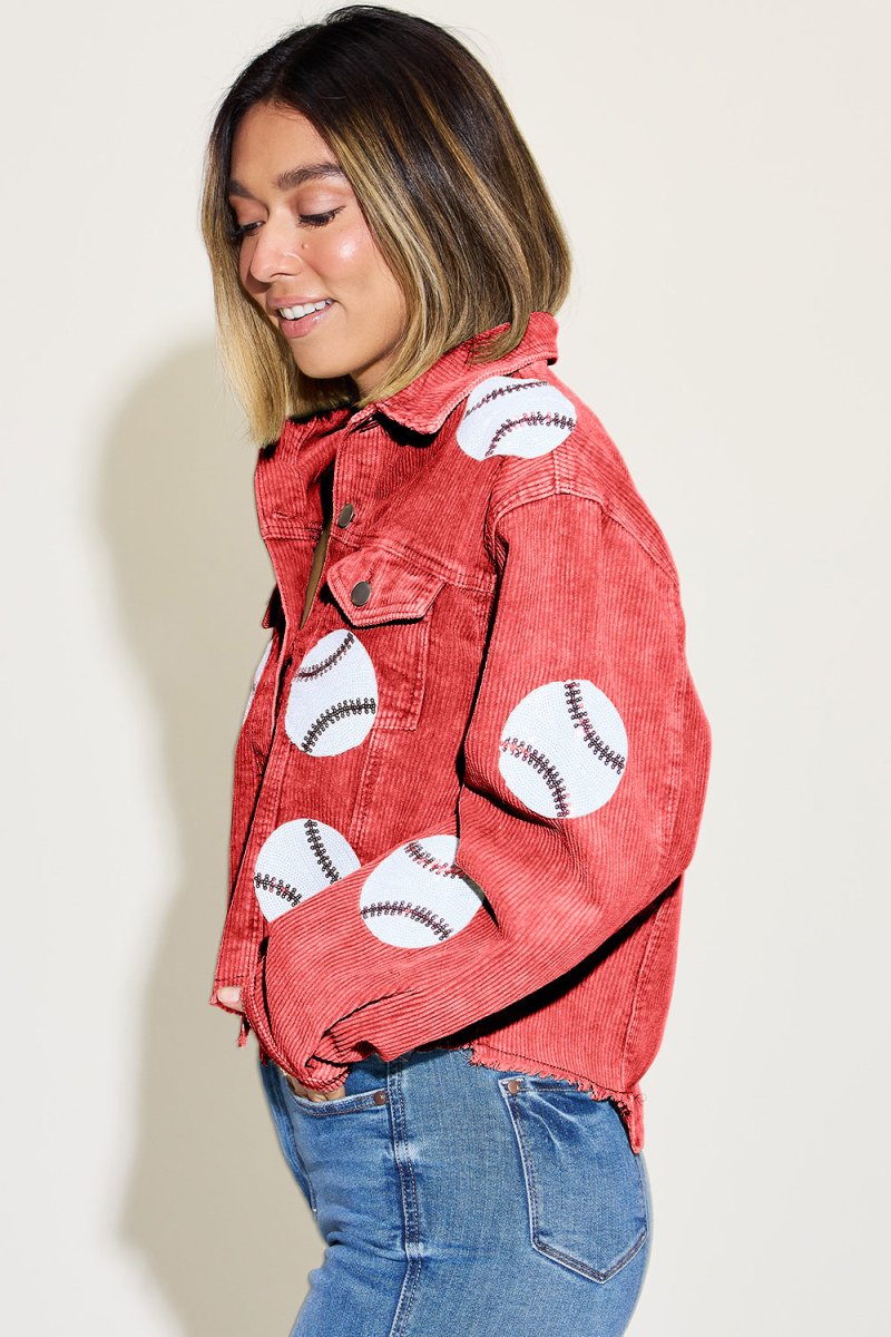 Baseball Sequin Dropped Shoulder Raw Hem Jacket - Outerwear