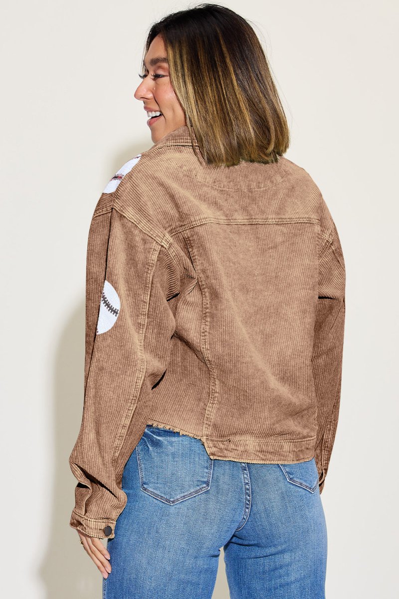 Baseball Sequin Dropped Shoulder Raw Hem Jacket - Outerwear