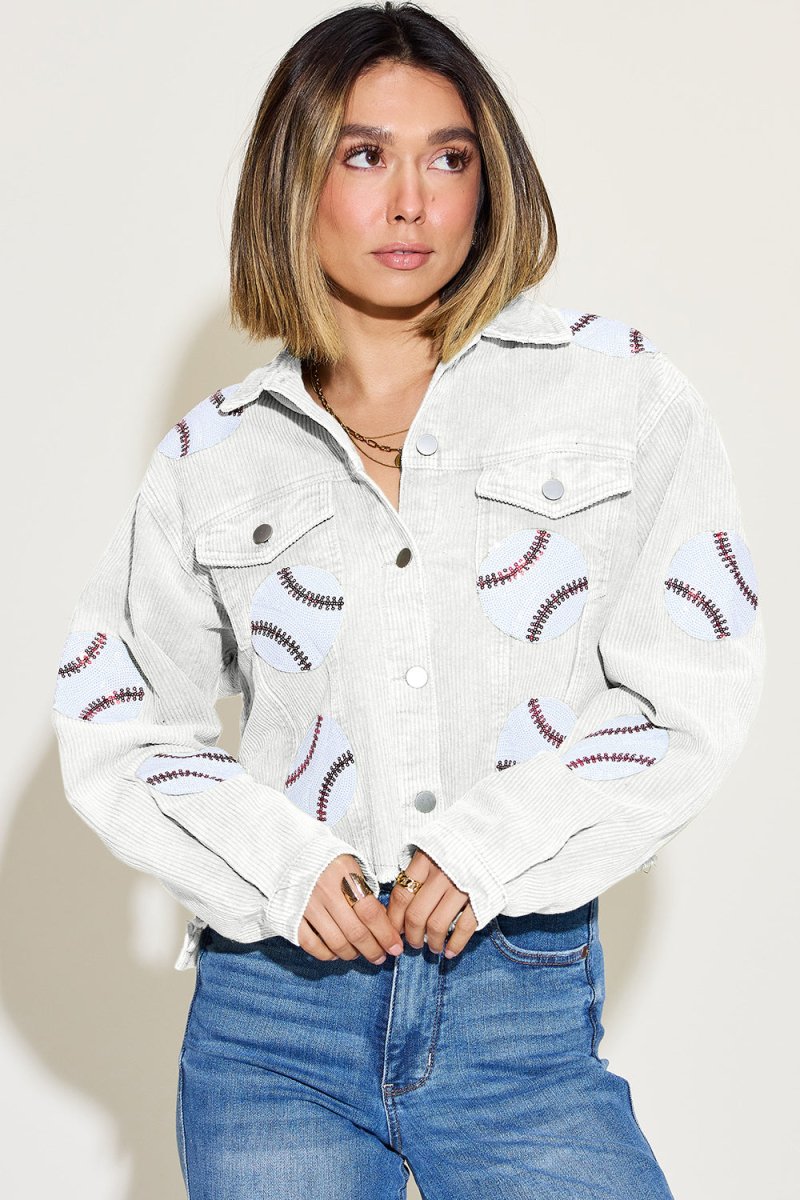 Baseball Sequin Dropped Shoulder Raw Hem Jacket - Outerwear