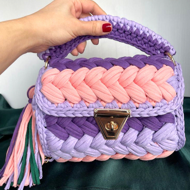 Women's Cotton Woven Fashion Colorblock Hand Crocheting Shoulder Bag