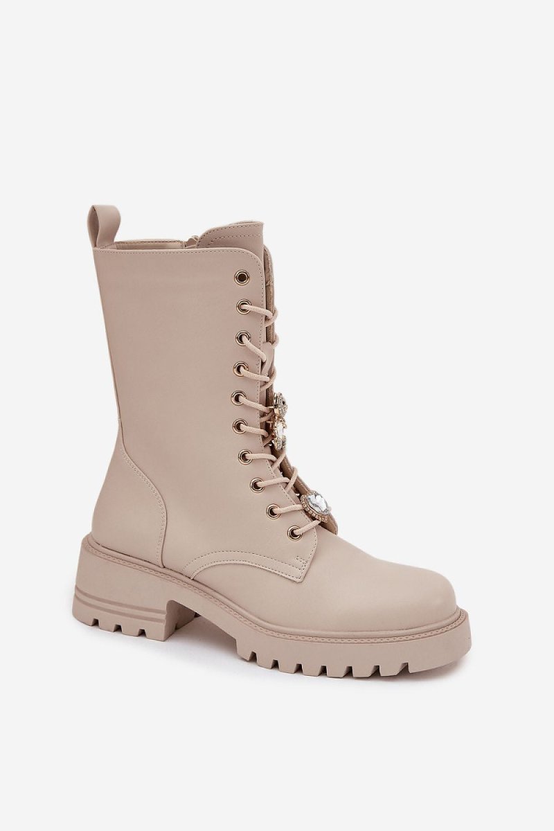 Beige Block Heel Lace - Up Boots - 
