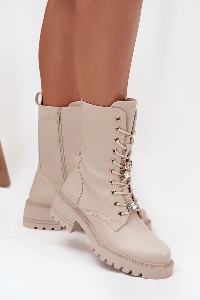 Beige Block Heel Lace - Up Boots - 