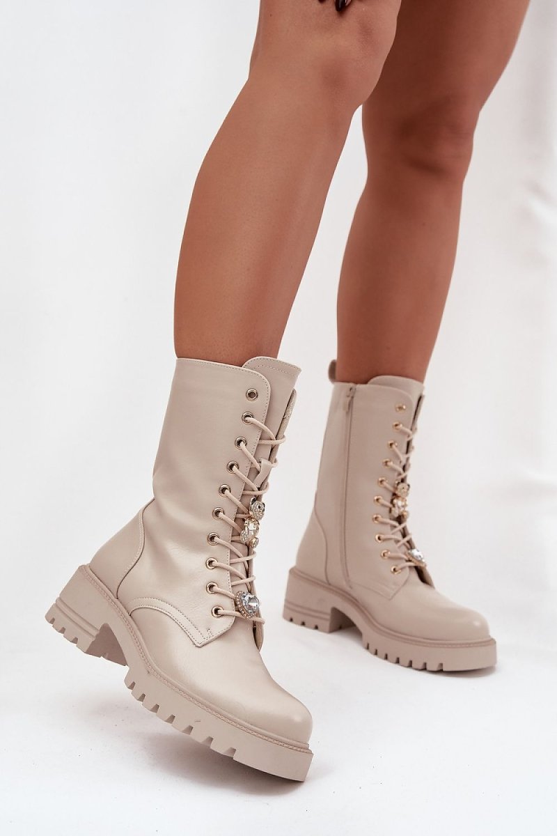 Beige Block Heel Lace - Up Boots - 