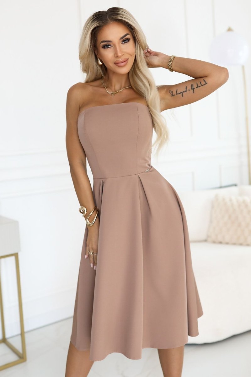 Beige Corset Midi Dress with Flared Bottom - 