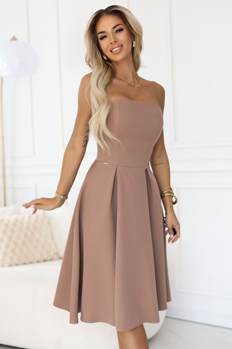 Beige Corset Midi Dress with Flared Bottom - 