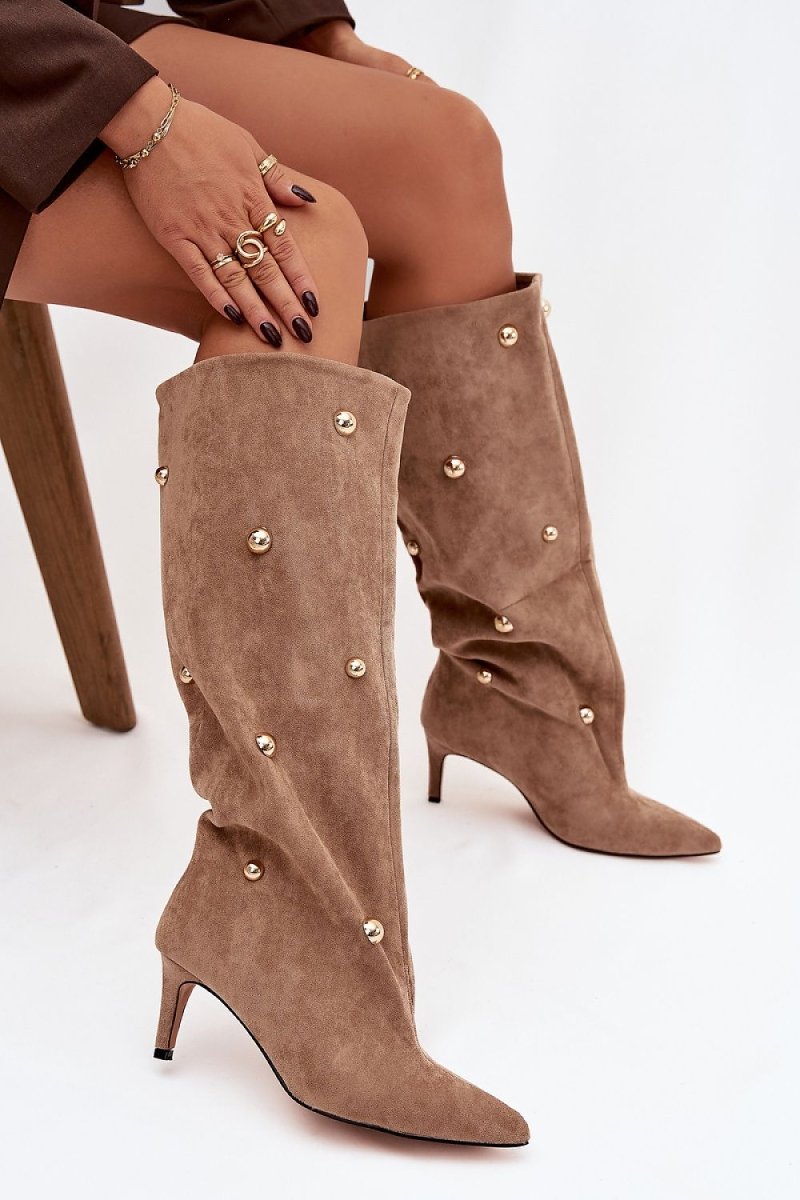 Beige Eco Suede Pointed Toe Boots - 
