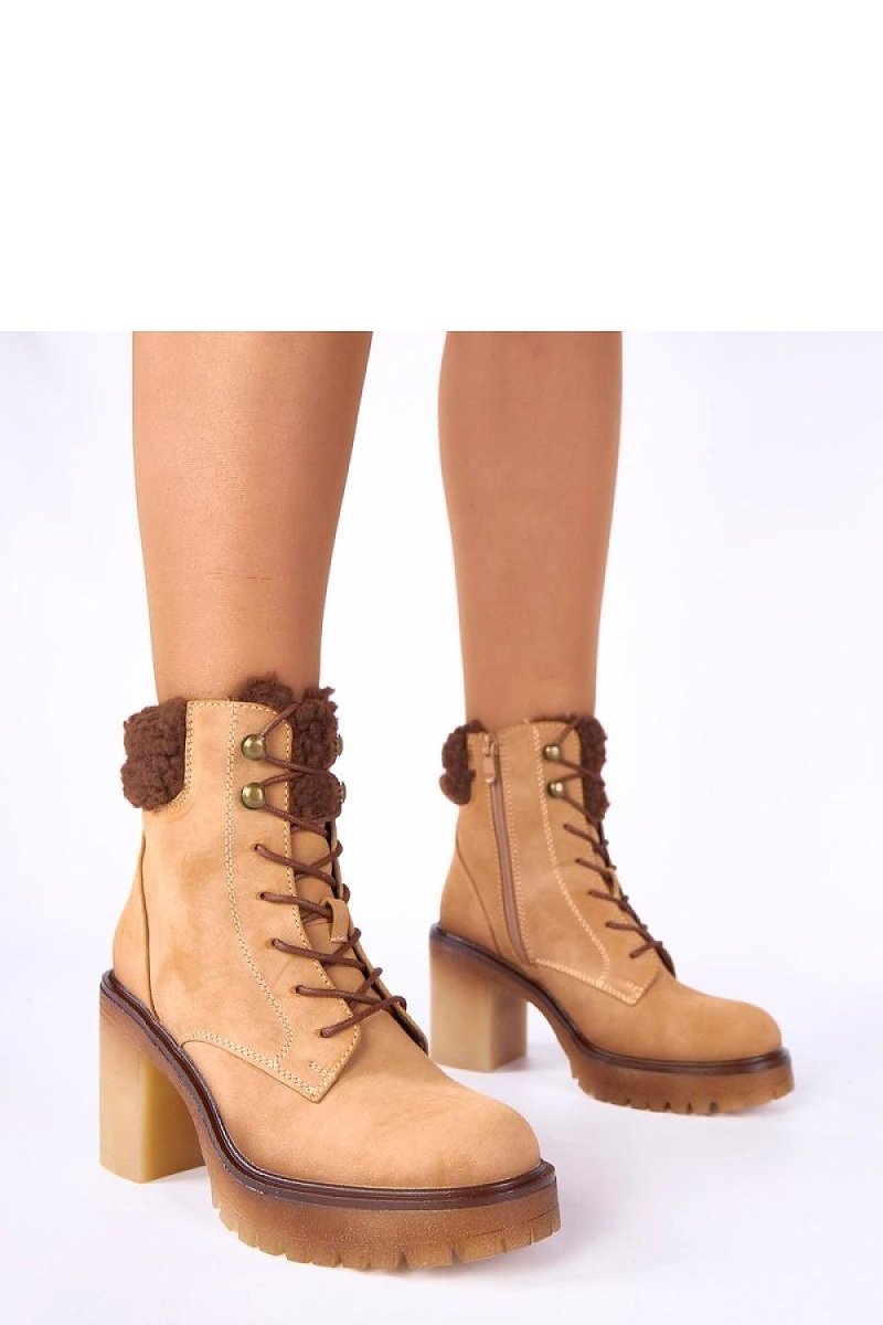 Beige Fur - Lined Heel Ankle Boots - 