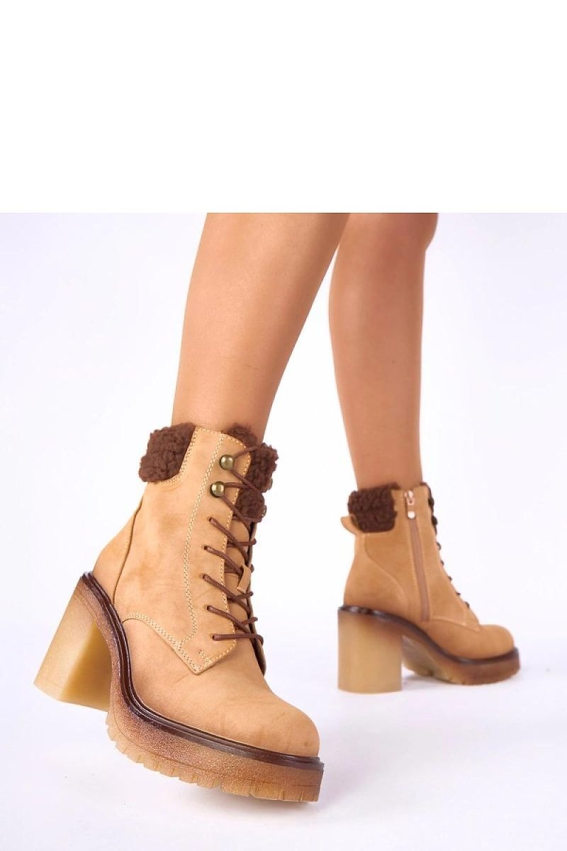 Beige Fur - Lined Heel Ankle Boots - 