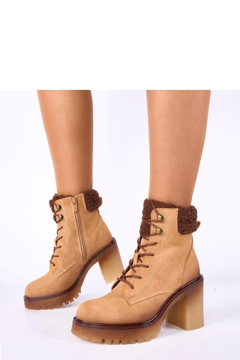 Beige Fur - Lined Heel Ankle Boots - 