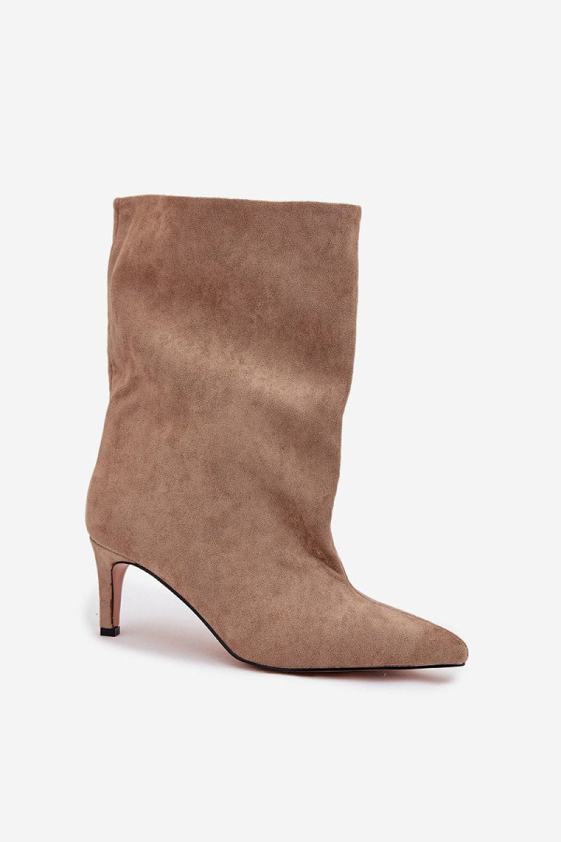 Beige Pointed Toe Heel Boots - 