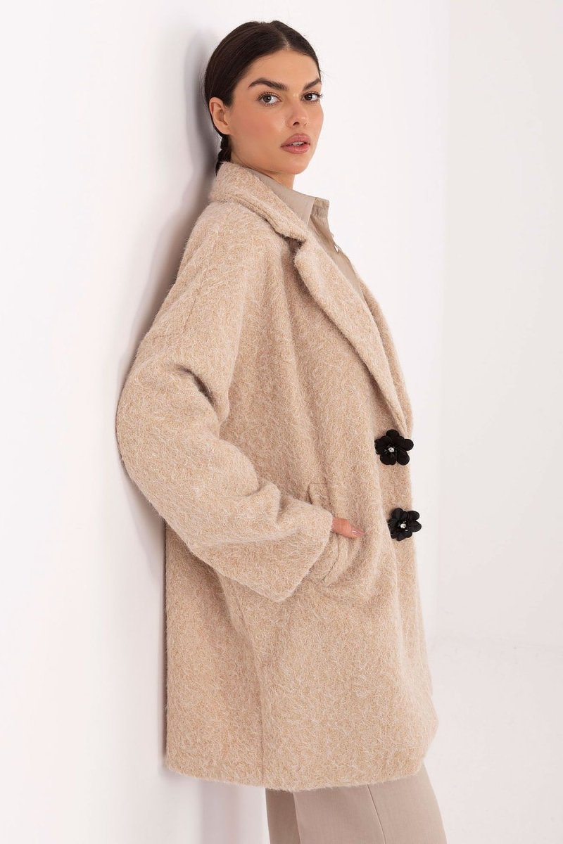 Beige Polyester Knee - Length Coat - 